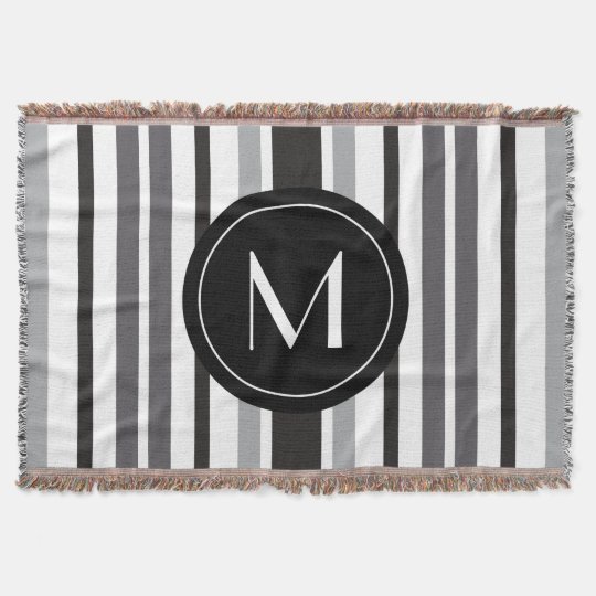 Striped Pattern Grey Black White Personal Inital Throw Blanket