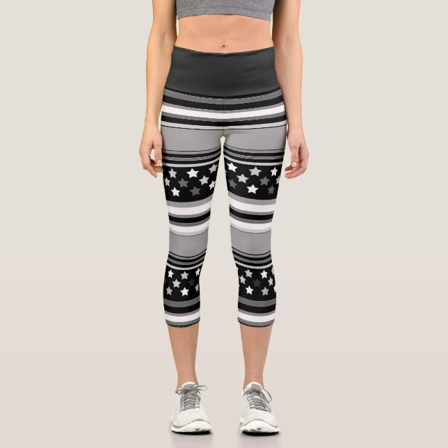 Striped pattern horizontal with stars capri leggings (Front)
