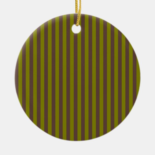 Striped pattern in chocolate brown and olive green ceramic tree decoration (Front)