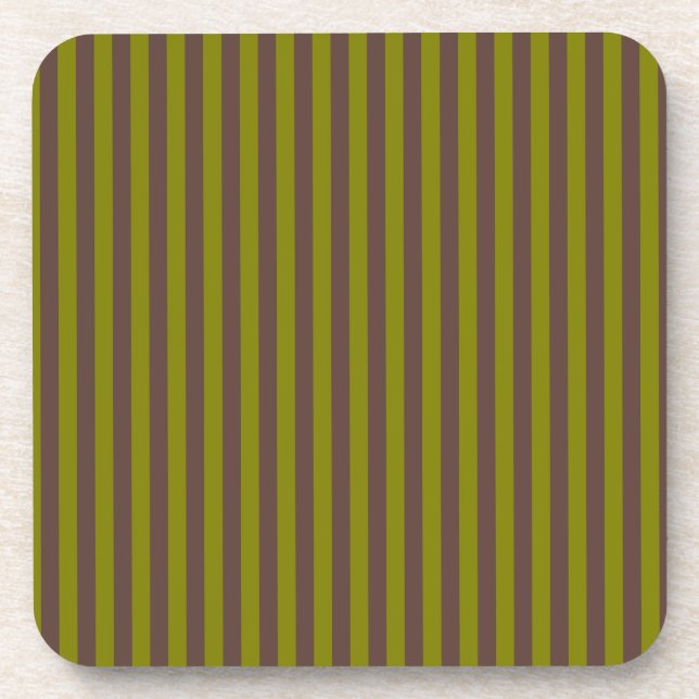Striped pattern in chocolate brown and olive green coaster (Front)