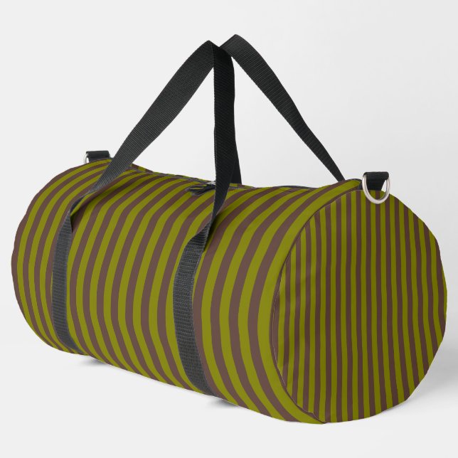 Striped pattern in chocolate brown and olive green duffle bag (Left Corner)