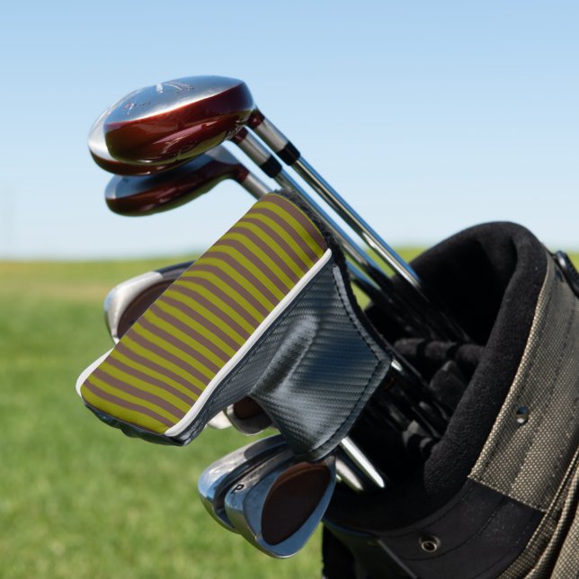 Striped pattern in chocolate brown and olive green golf head cover (In Situ)