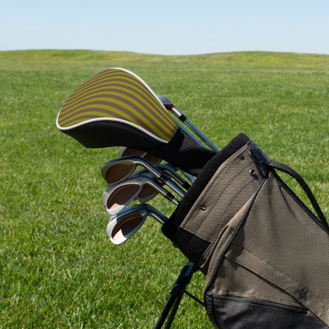 Striped pattern in chocolate brown and olive green golf head cover (In Situ)