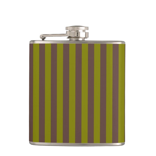 Striped pattern in chocolate brown and olive green hip flask (Front)