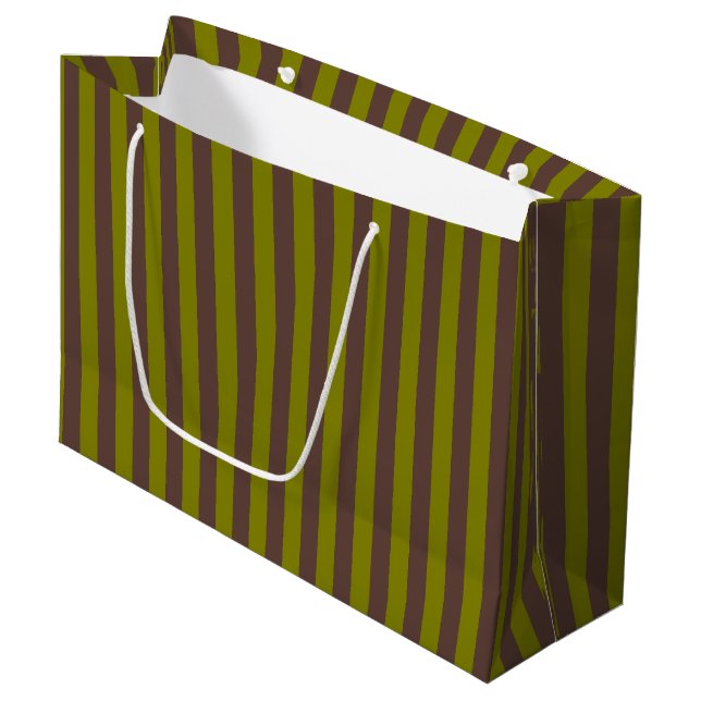 Striped pattern in chocolate brown and olive green large gift bag (Front Angled)