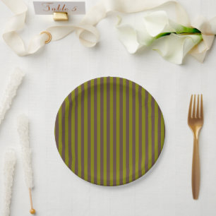 Striped pattern in chocolate brown and olive green paper plate