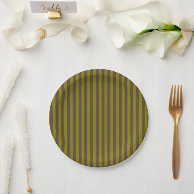 Striped pattern in chocolate brown and olive green paper plate (Wedding)