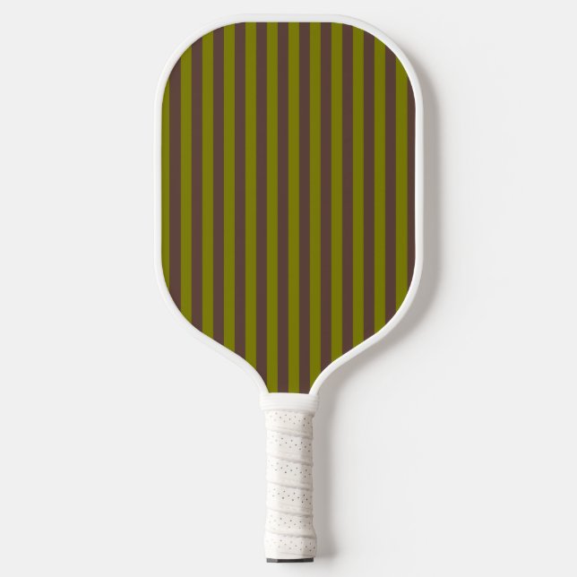 Striped pattern in chocolate brown and olive green pickleball paddle (Front)