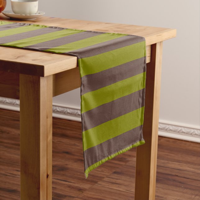 Striped pattern in chocolate brown and olive green short table runner (In Situ)