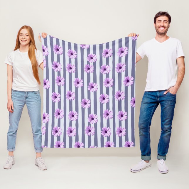 Striped Pattern with Purple Daisies Fleece Blanket (In Situ)