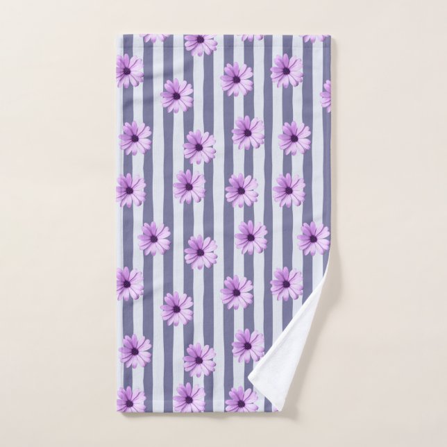 Striped Pattern with Purple Daisies Hand Towel (Hand Towel)