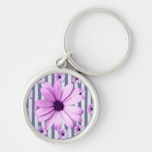 striped pattern with purple daisies key ring
