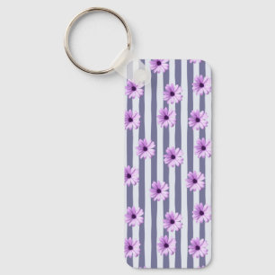 Striped Pattern with Purple Daisies Key Ring