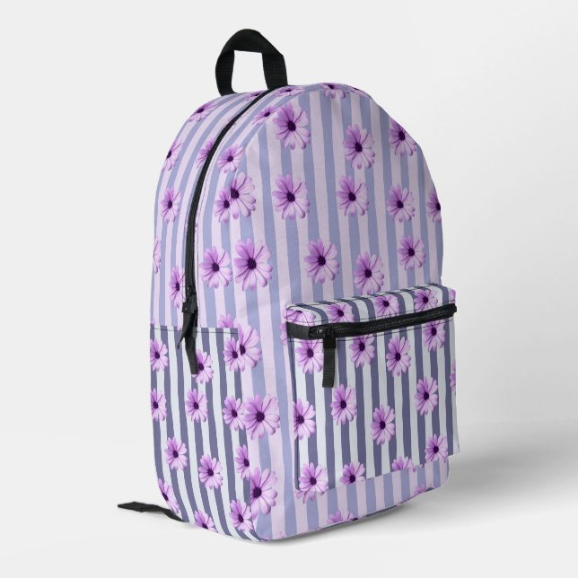 striped pattern with purple daisies printed backpack (Back Corner Left)