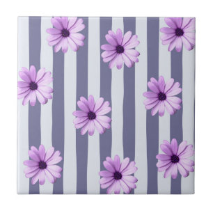 Striped Pattern with Purple Daisies Tile