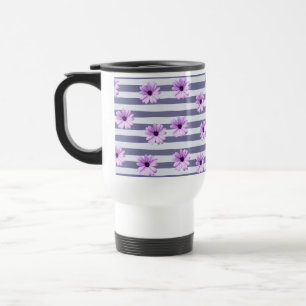 Striped Pattern with Purple Daisies Travel Mug