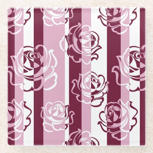 Striped pattern with roses glass coaster (Front)