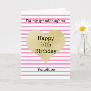 Striped Pink and Gold Heart 10th Birthday Card