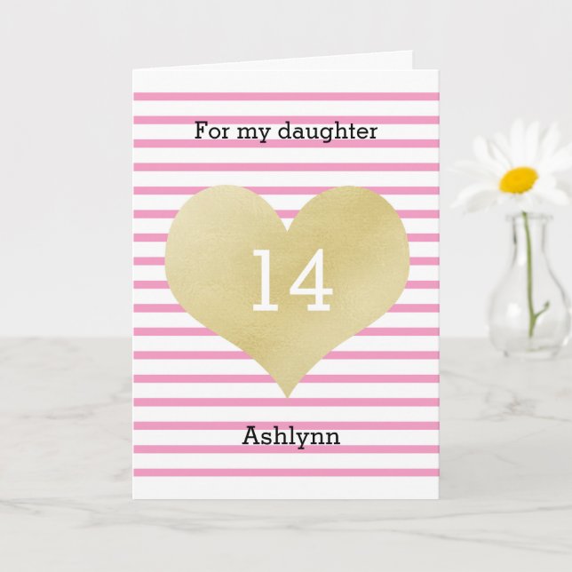 Striped Pink and Gold Heart 14th Birthday Daughter Card (Small Plant)