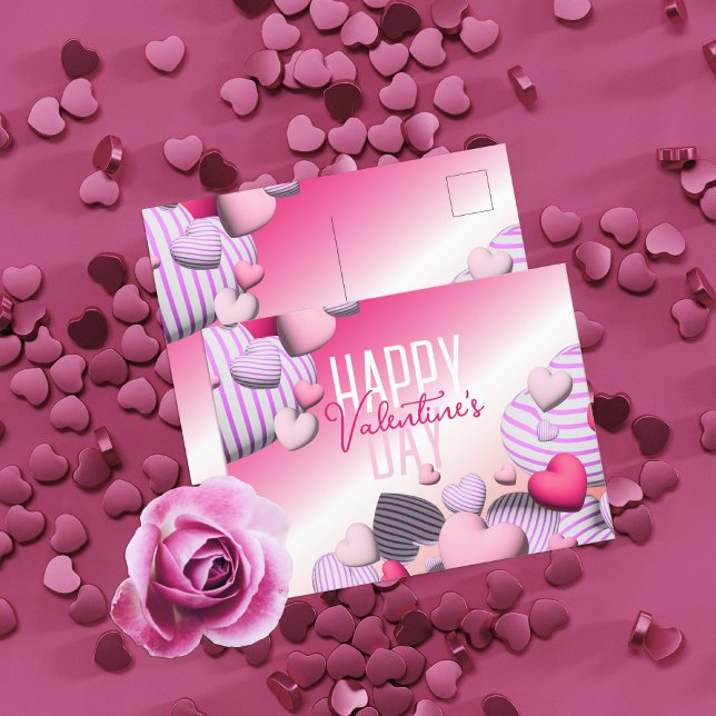 Striped Pink And White Heart Balloons Valentine's  Postcard (Creator Uploaded)