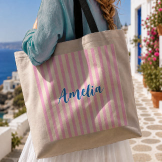 Striped pink Modern Bridesmaid Bridal Party Tote Bag