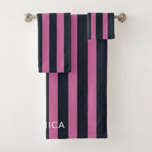 striped pink navy custom name bath towel set