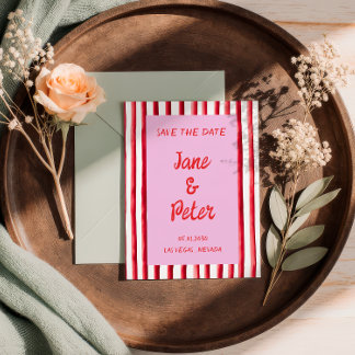 Striped Pink & Red Handwriting Save The Date