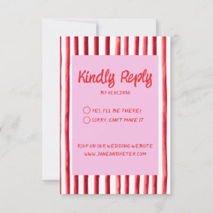 Striped Pink & Red Handwriting Wedding RSVP Card