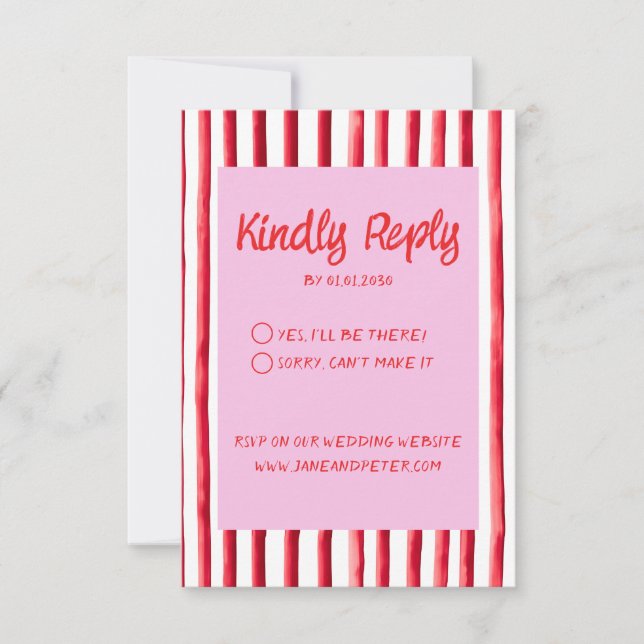 Striped Pink & Red Handwriting Wedding RSVP Card (Front)