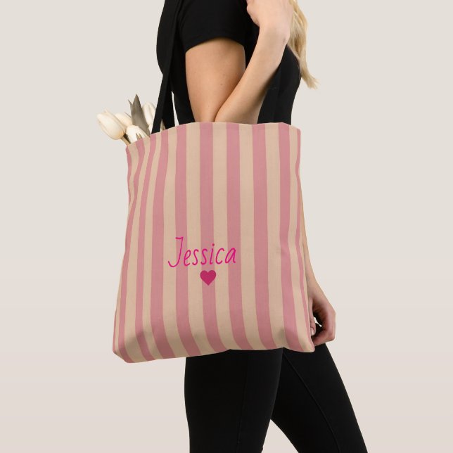 Striped Pink Simple Elegant Custom Name Tote Bag (Close Up)