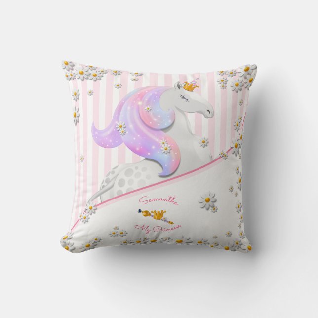 Striped Pink Unicorn Princess Nursery Cushion (Front)