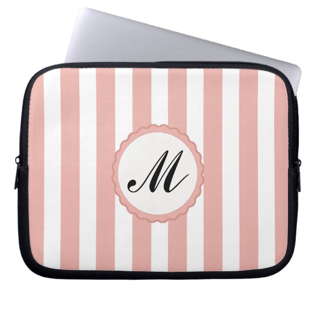 Striped Pink White Custom Monogram  Laptop Sleeve (Front)