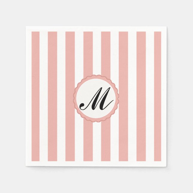 Striped Pink White Custom Monogram Paper Napkins (Front)