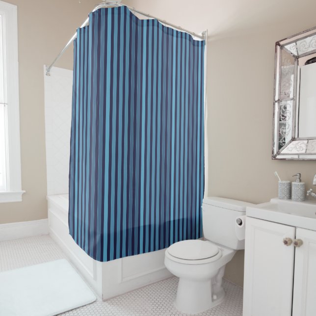Striped plain pattern retro blue shower curtain (In Situ)