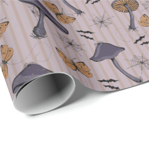Striped Plum Halloween Mushroom and Butterfly Wrapping Paper