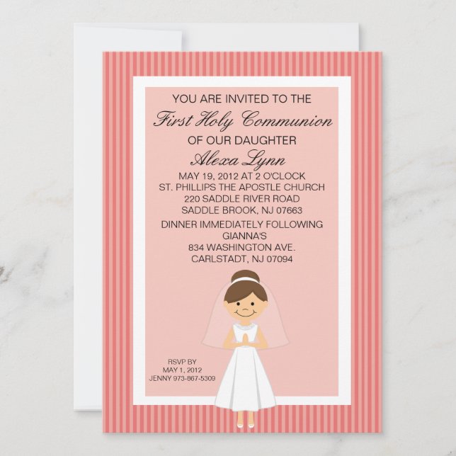 Striped Pretty First  Communion Girl Invitation (Front)