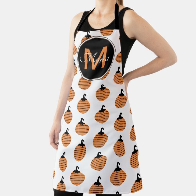 Striped Pumpkin Pattern Black Orange Monogram Apron (Insitu)