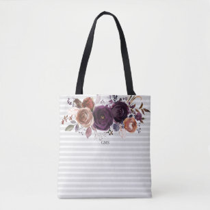 Striped Purple and Burgundy Floral Monogram Tote Bag