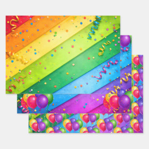 Striped Rainbow with confetti Wrapping Paper Sheet