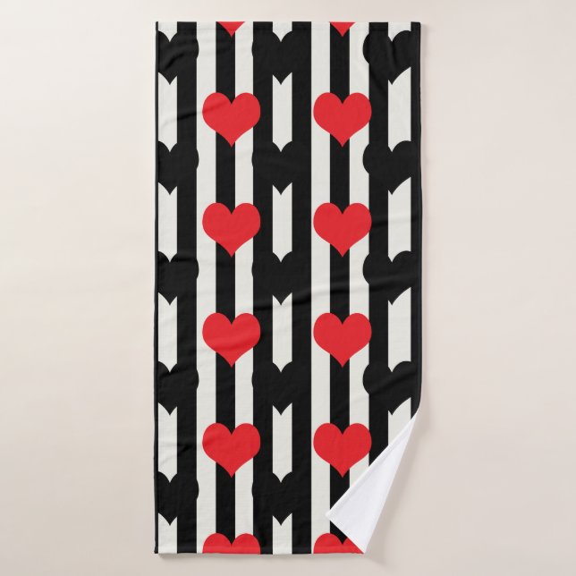 Striped Red Black Love Heart Pattern Design  Bath Towel (Bath Towel)