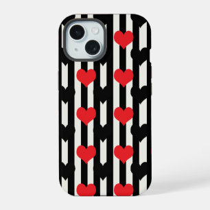 Striped Red Black Love Heart Pattern Design iPhone 15 Case