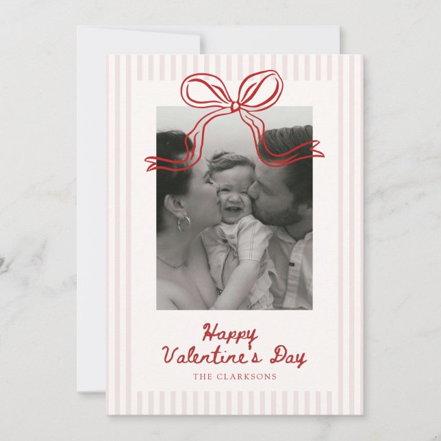 Striped Red Bow Valentine’s Day Photo Card (Front)