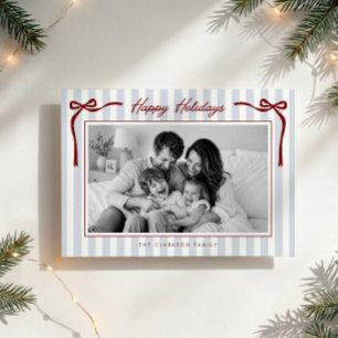 Striped Red Bows One Photo Happy Holidays Card