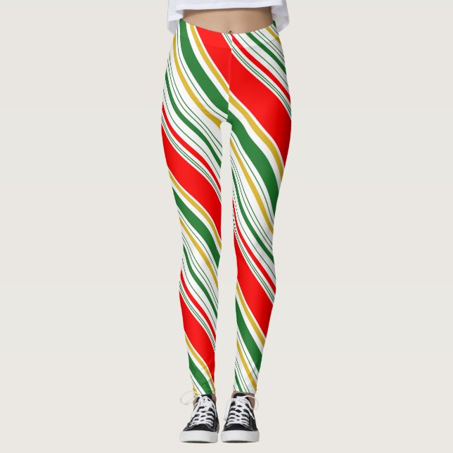 Striped Red Green Gold Christmas Leggings (Front)