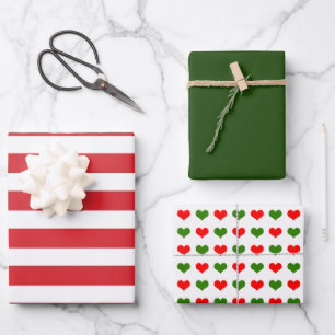 Striped Red Green Hearts Wrapping Paper Sheet