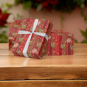 Striped Red Snowflakes Flying Reindeer Wrapping Paper