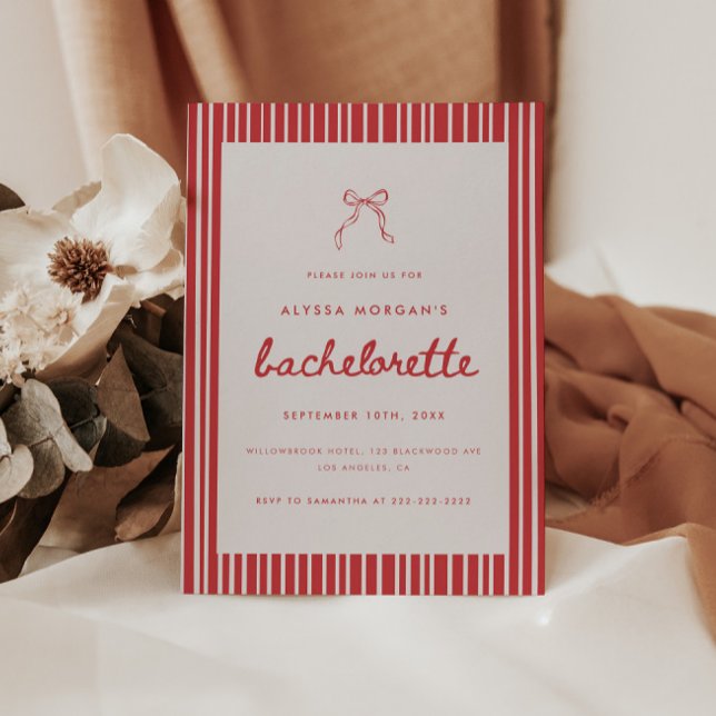 Striped Red & White Coquette Bow Bachelorette Invitation (Creator Uploaded)