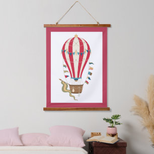 Striped Red & White Steampunk Hot Air Balloon Hanging Tapestry