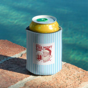 Striped retro Santa Most Wonderful Time for a Beer Can Cooler