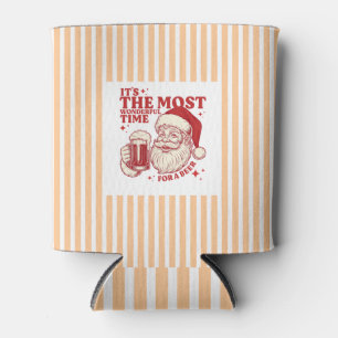 Striped retro Santa Most Wonderful Time for a Beer Can Cooler